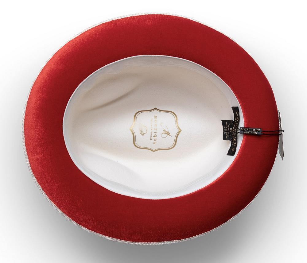 Montique White Small Felt Band 2 ¼" Brim Red Bottom Wool Felt Dress Hat H-74 - Suits & More