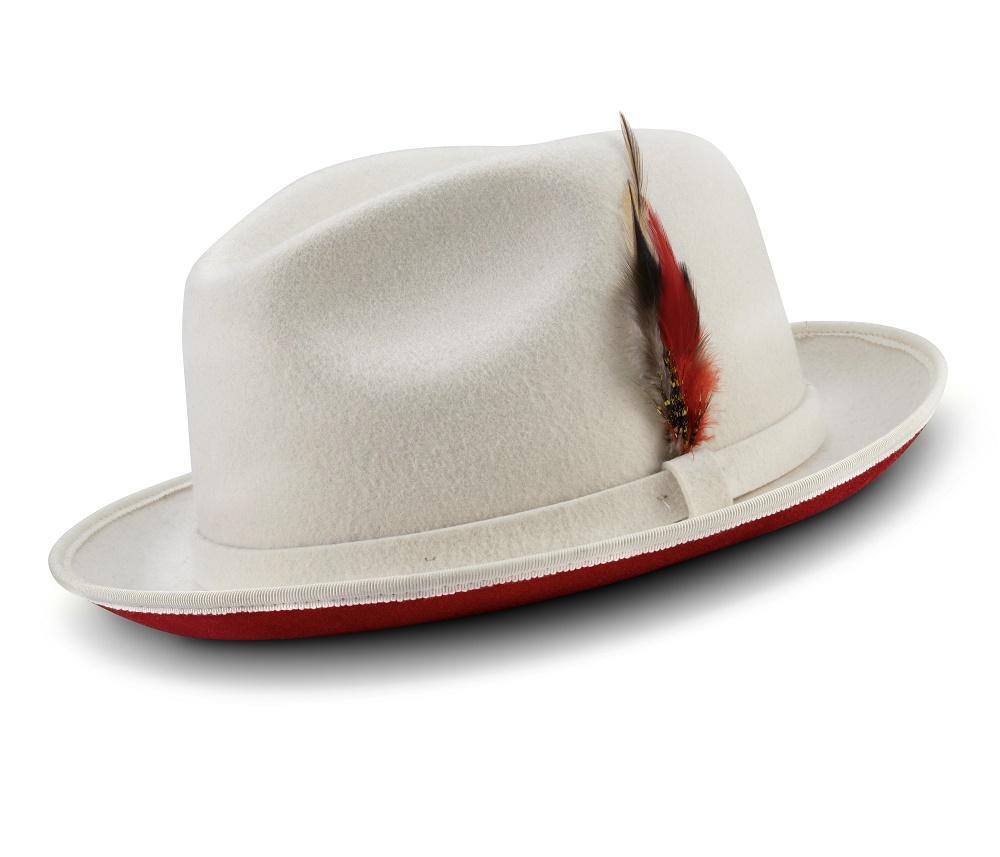 Montique White Small Felt Band 2 ¼" Brim Red Bottom Wool Felt Dress Hat H-74 - Suits & More