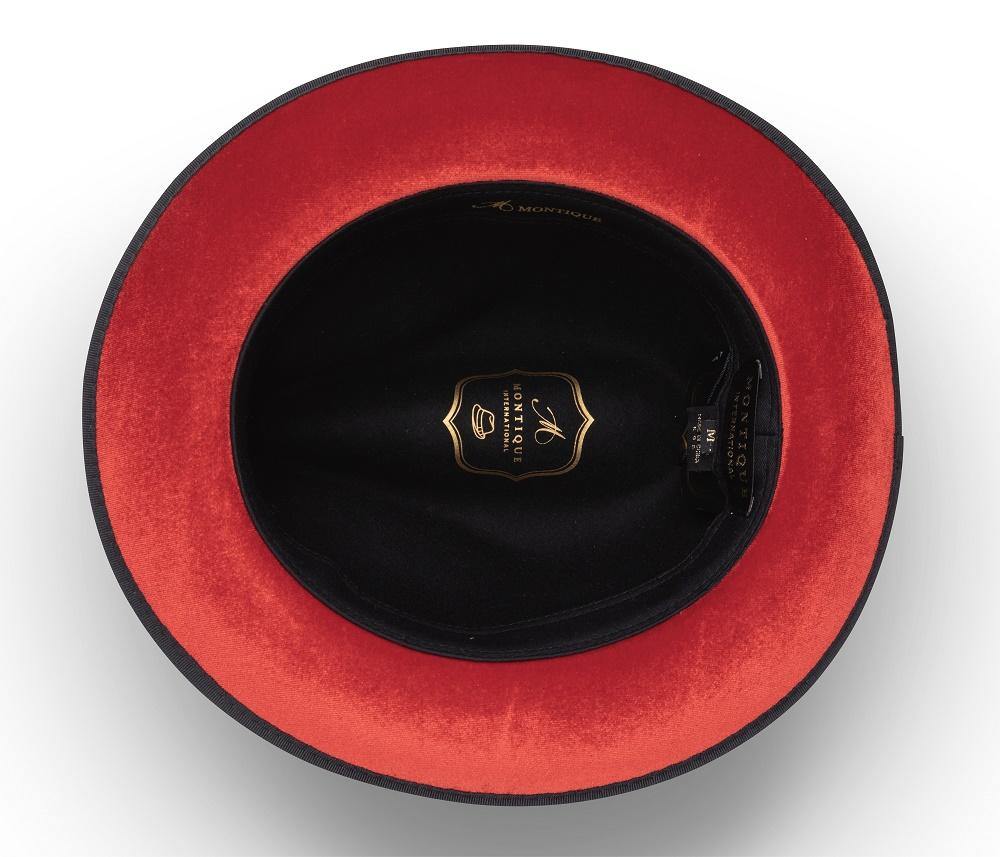 Montique Black Matching Grosgrain Ribbon 2 ¼" Brim Red Bottom Wool Felt Dress Hat H-75 - Suits & More