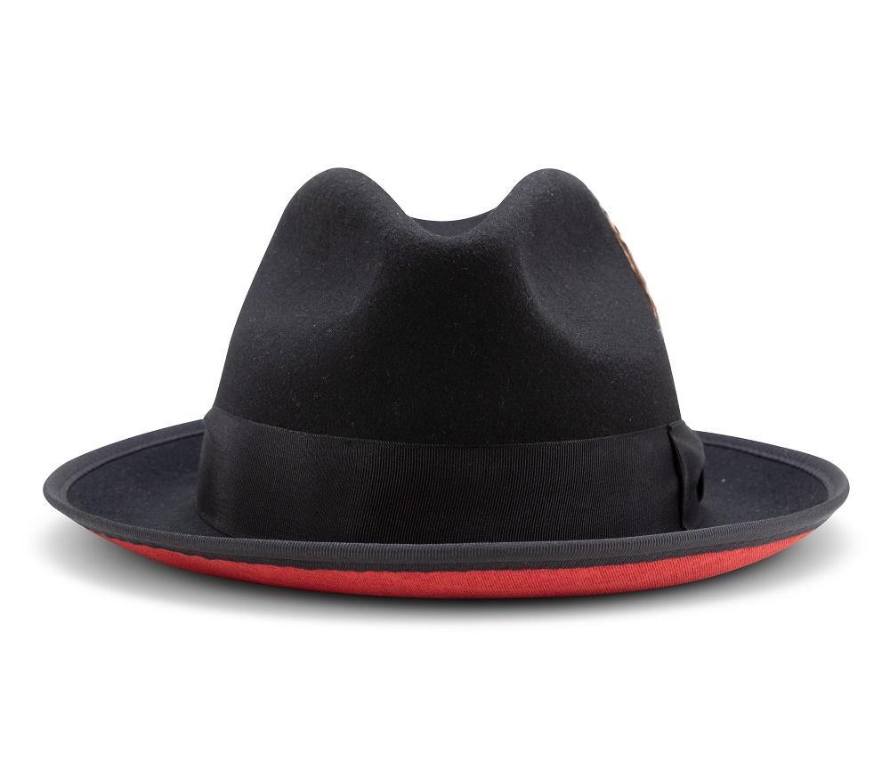 Montique Black Matching Grosgrain Ribbon 2 ¼" Brim Red Bottom Wool Felt Dress Hat H-75 - Suits & More