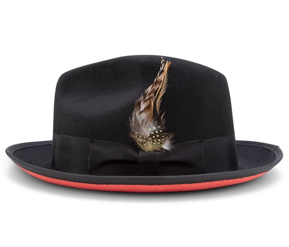 Montique Black Matching Grosgrain Ribbon 2 ¼" Brim Red Bottom Wool Felt Dress Hat H-75 - Suits & More