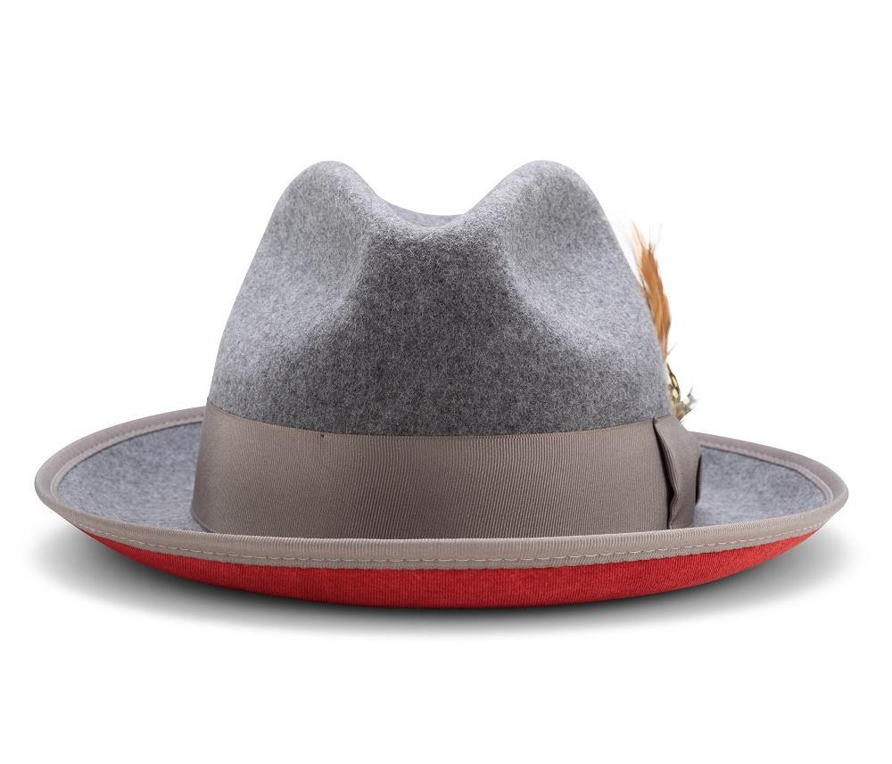 Montique Grey Matching Grosgrain Ribbon 2 ¼" Brim Red Bottom Wool Felt Dress Hat H-75 - Suits & More