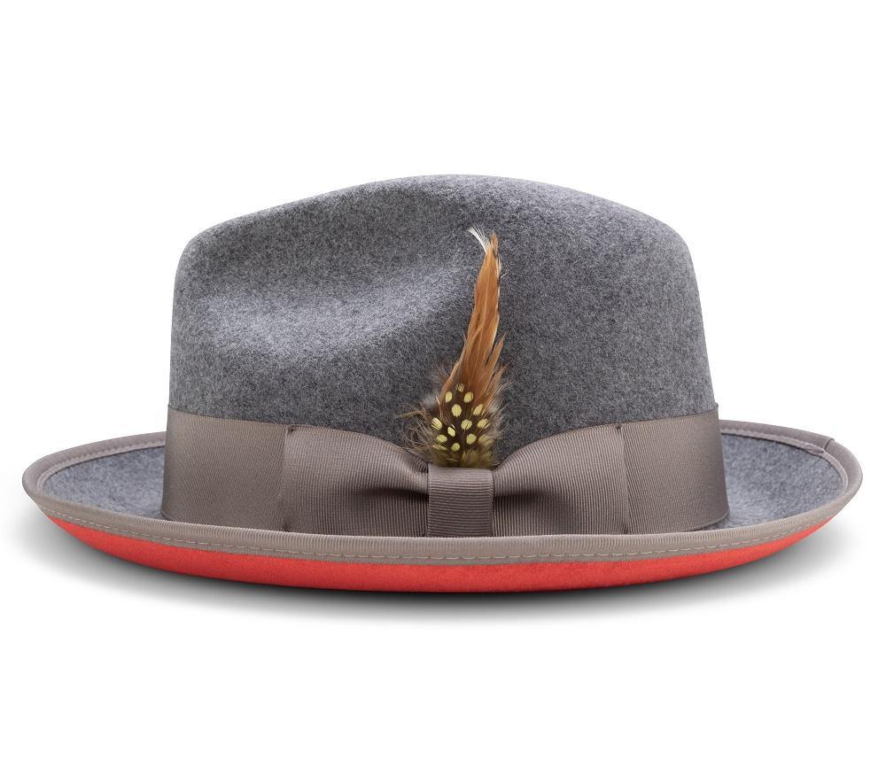 Montique Grey Matching Grosgrain Ribbon 2 ¼" Brim Red Bottom Wool Felt Dress Hat H-75 - Suits & More