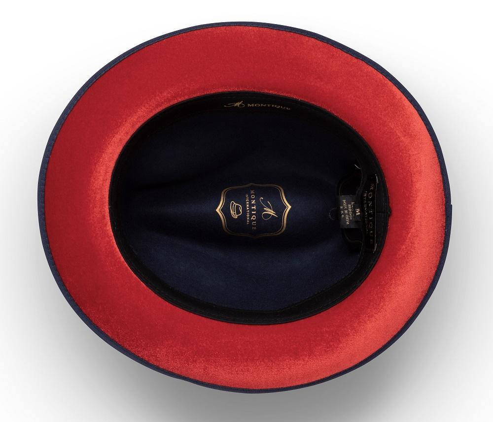Montique Navy Matching Grosgrain Ribbon 2 ¼" Brim Red Bottom Wool Felt Dress Hat H-75 - Suits & More