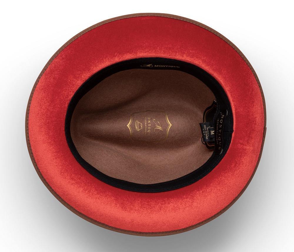 Montique Tan Matching Grosgrain Ribbon 2 ¼" Brim Red Bottom Wool Felt Dress Hat H-75 - Suits & More