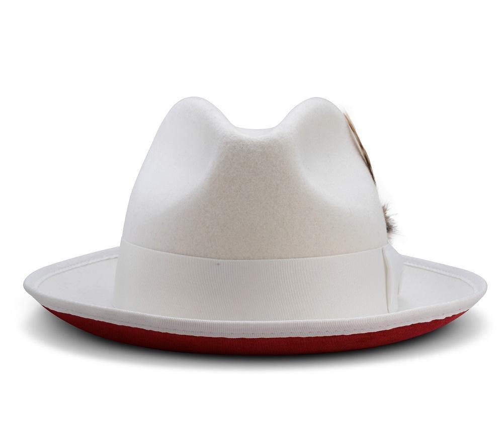 Montique White Matching Grosgrain Ribbon 2 ¼" Brim Red Bottom Wool Felt Dress Hat H-75 - Suits & More
