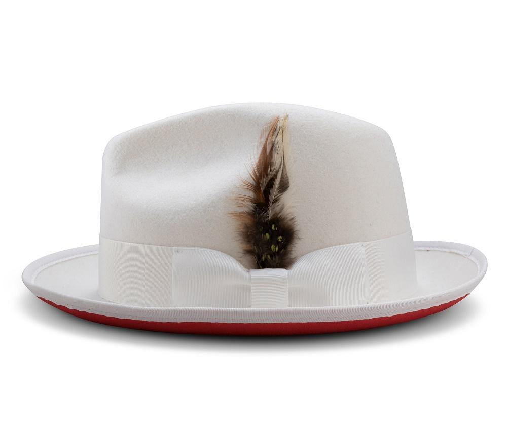 Montique White Matching Grosgrain Ribbon 2 ¼" Brim Red Bottom Wool Felt Dress Hat H-75 - Suits & More