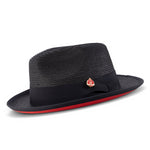 Azuremble Collection: Black Wide Brim Red Bottom Braided Pinch Fedora Hat