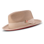 Tan Wide Brim Red Bottom Braided Pinch Fedora Hat H76