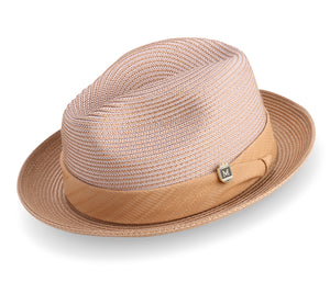 Tan Tone-on-Tone Stingy Brim Pinch Fedora Hat by Montique
