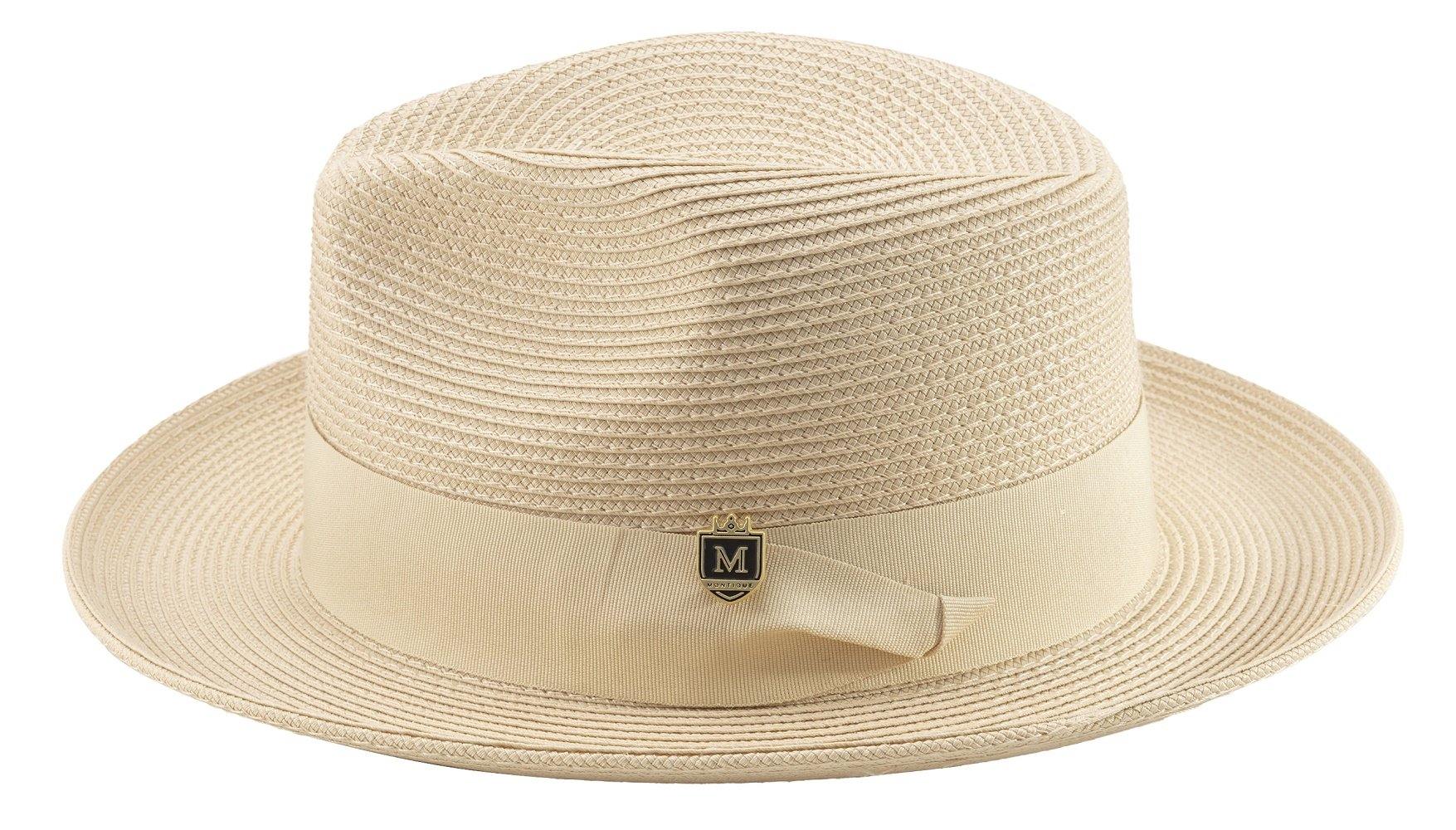 Men's Braided Wide Brim Pinch Fedora Matching Grosgrain Ribbon Hat in Beige H-42 - Suits & More