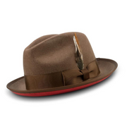 Ambley Collection: Montique Tan Matching Grosgrain Ribbon 2 3/8" Brim Red Bottom Wool Felt Dress Hat
