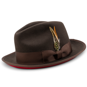 Ambley Collection: Montique Brown Matching Grosgrain Ribbon 2 3/8" Brim Red Bottom Wool Felt Dress Hat