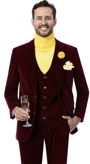 Triton Collection: Wine Velvet Three Piece Regular Fit Fashion Suit