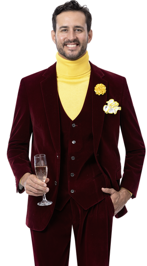 Triton Collection: Wine Velvet Three Piece Regular Fit Fashion Suit