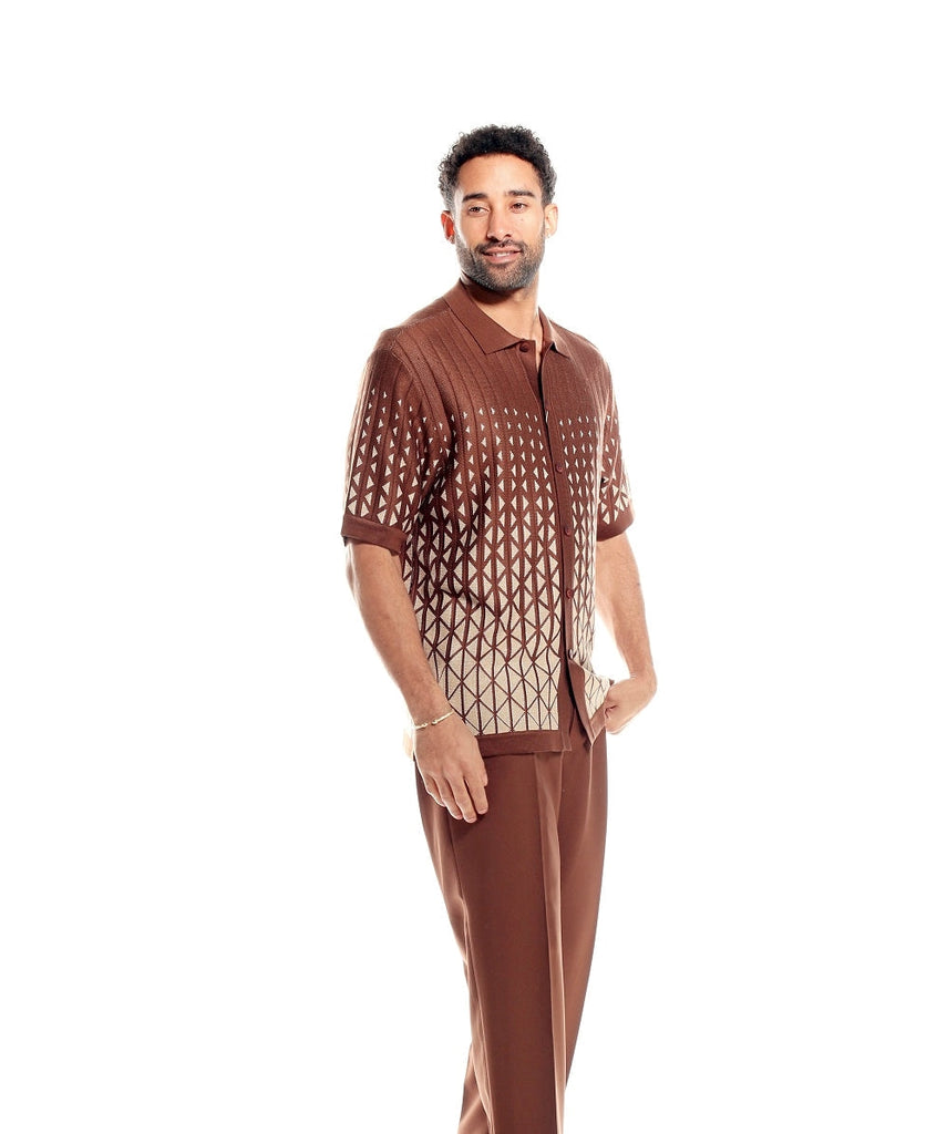 Knitted Fabric Brown Criss-Cross Pattern Walking Suit