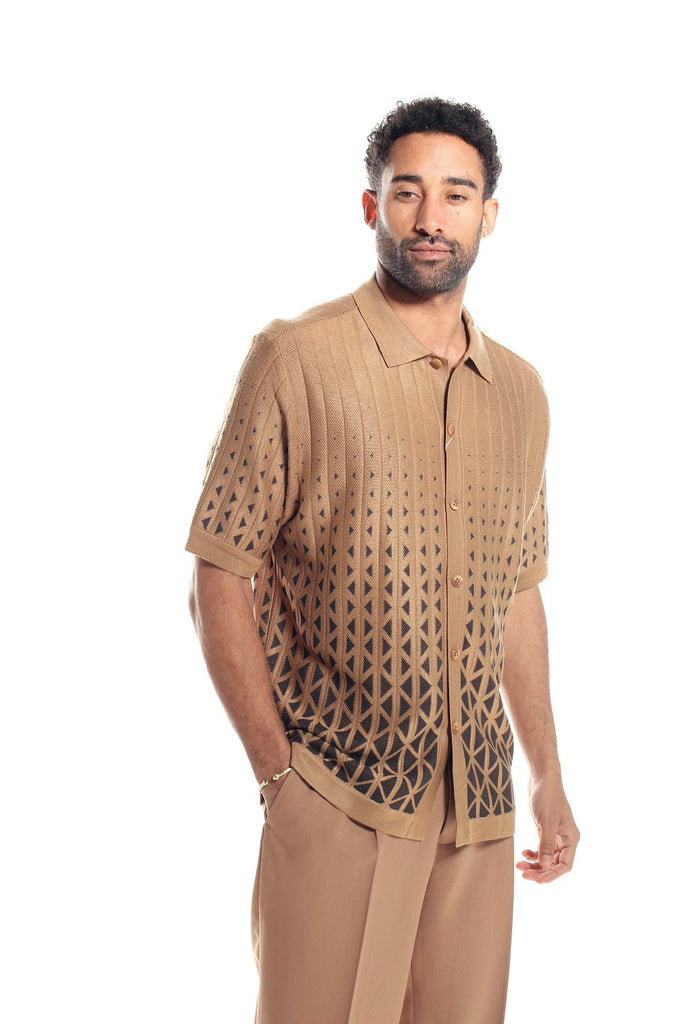 Knitted Fabric Cafe Criss-Cross Pattern Walking Suit Short Sleeve Set