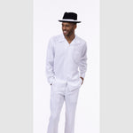 Montique White Solid 2 Piece Walking Suit Long Sleeve Shirt Men's Leisure Suit 1641