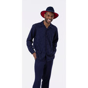 Montique Navy Geometric Design Tone On Tone 2 Piece Long Sleeve Walking Suit Set 2291