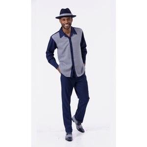 Montique Navy Houndstooth Design 2 Piece Long Sleeve Walking Suit Set 2255