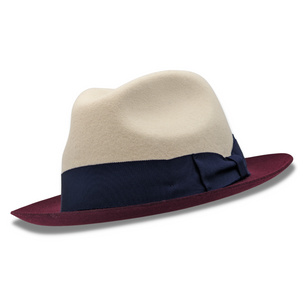 White Wool Felt Fedora Hat with Burgundy Brim by Montique