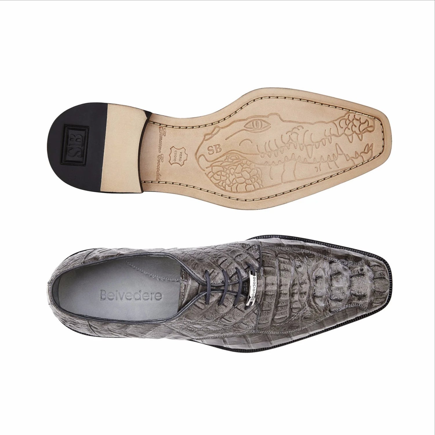 Leather outsole of grey Belvedere caiman shoe