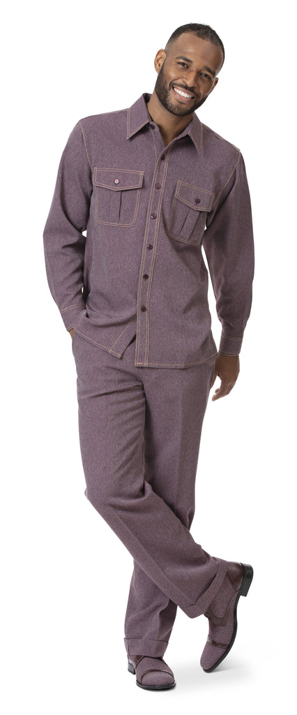Montique Men's 2 Piece Long Sleeve Denim Walking Suit in Solid Wine - D-9977 - Suits & More