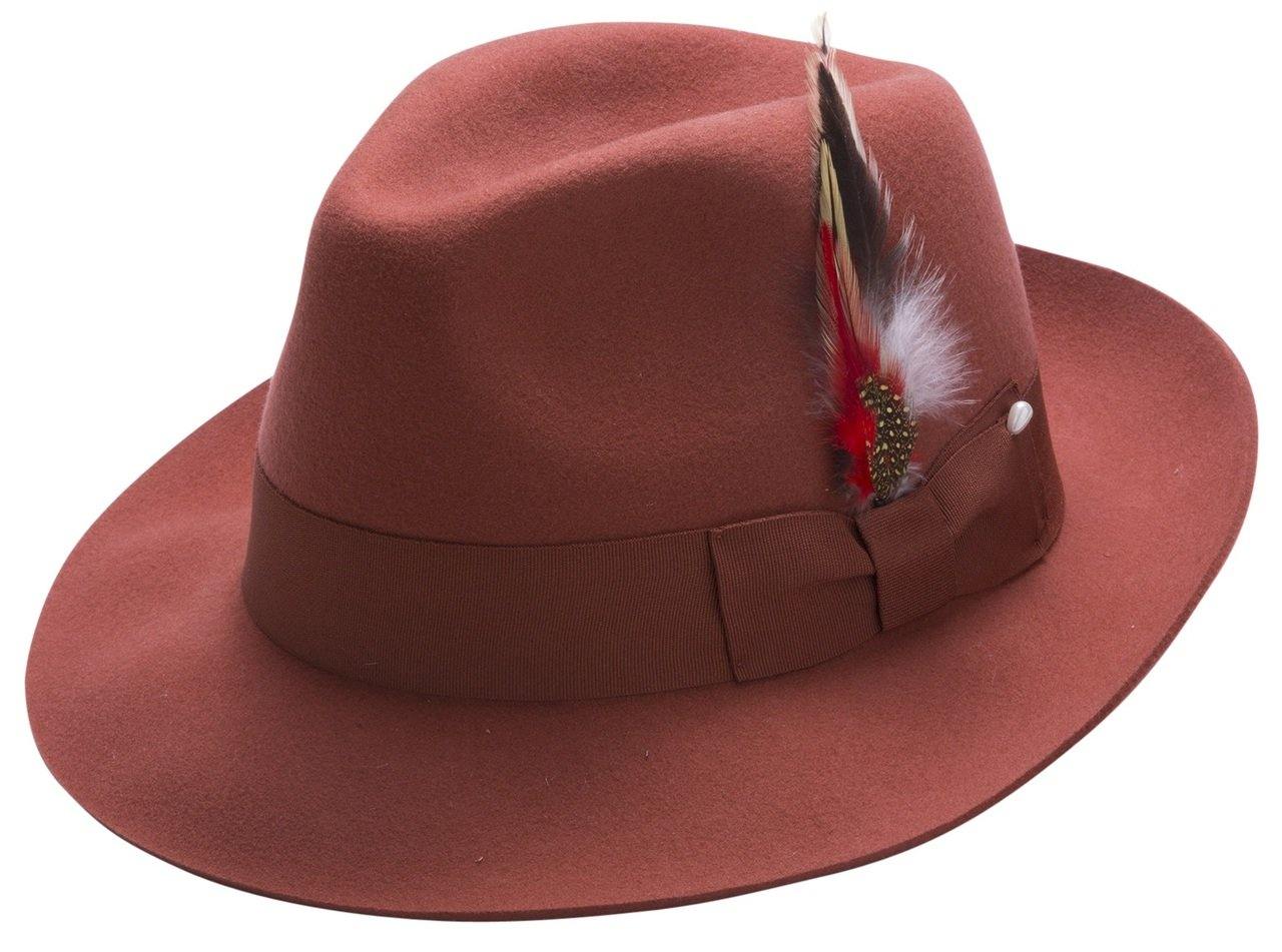 rust fine felt snap brim fedora hat by Montique front view