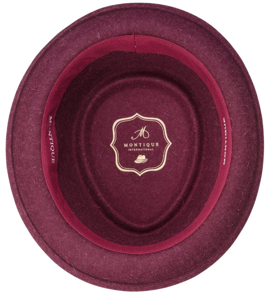 Montique Men's Burgundy Soft Rabbit Wool Snap Brim Pork Pie Teardrop Dent Hat H52 - Suits & More