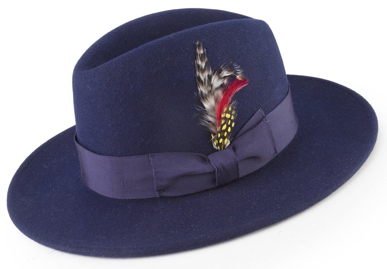 Montique Men's Navy Center Crease Wide Flat Brim 2 7/8 Wool Felt Hat H61 - Suits & More