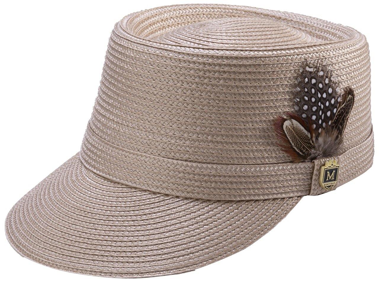 Beige braided men's legionnaire hat with matching ribbon, feather accent, and signature Montique pin.