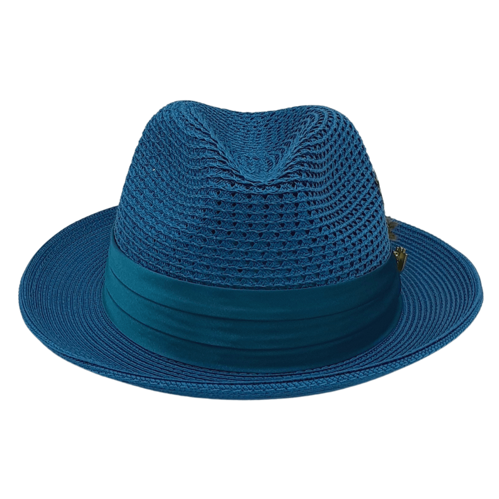 Teal Solid Color Pinch Braided Fedora With Matching Satin Ribbon Hat H-34 - Suits & More