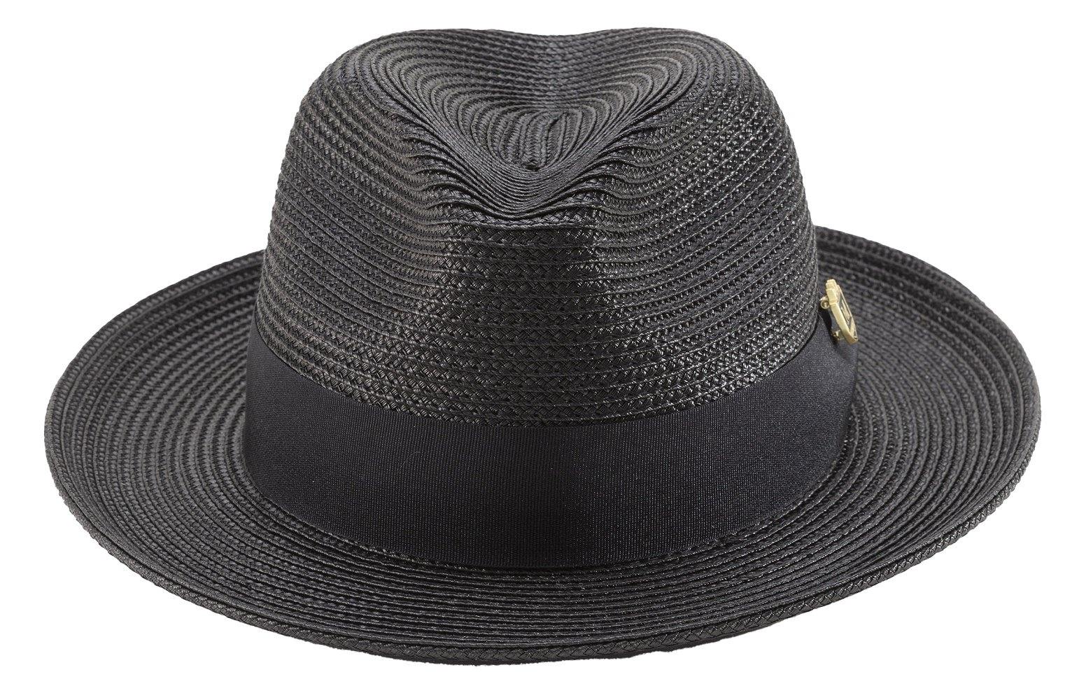 Men's Braided Wide Brim Pinch Fedora Matching Grosgrain Ribbon Hat in Black H-42 - Suits & More