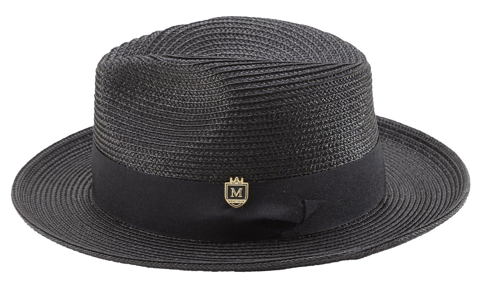 Men's Braided Wide Brim Pinch Fedora Matching Grosgrain Ribbon Hat in Black H-42 - Suits & More