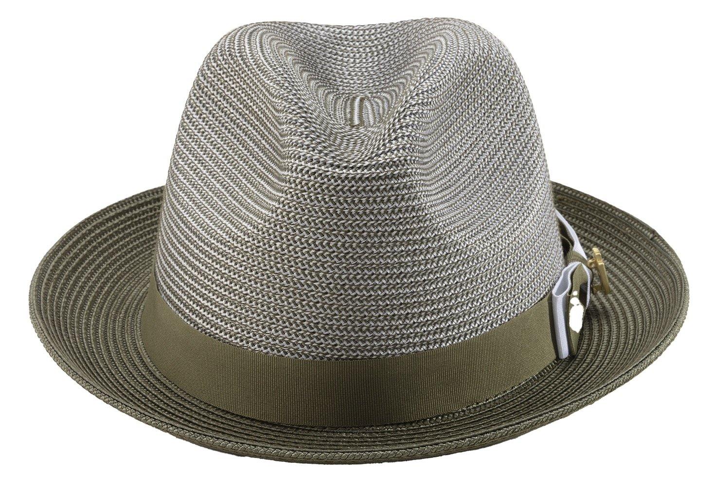 Men's Braided Two Tone Stingy Brim Pinch Fedora Hat in Olive H-68 - Suits & More