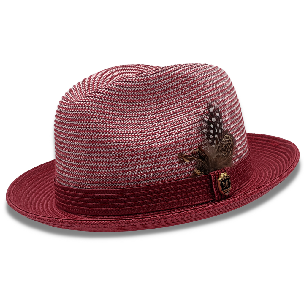Men's Braided Two Tone Stingy Brim Pinch Fedora Hat in Cranberry 