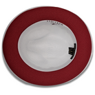 Side view of white braided fedora hat with wide brim and red bottom detail