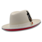White Wool Felt Dress Hat 2 3/4 Brim Red Bottom Pinch Crown