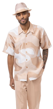 Montique Tan Abstract Design Walking Suit 2 Piece Short Sleeve Set 2204
