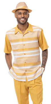 Montique Gold Horizontal Stripe Pattern Walking Suit 2 Piece Short Sleeve Set 2209