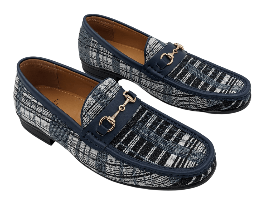 Plaid Style Navy Slip On Buckle Loafer Shoes S1748 - Suits & More
